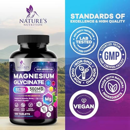 Magnesium Glycinat Kapseln - 500 mg Magnesium pro Portion - 100% cheliert & gereinigt - Unterstützt Schlaf, Herzgesundheit & Muskelkraft - Beste Aufnahme, abgefüllt in USA - 120 Tabletten
