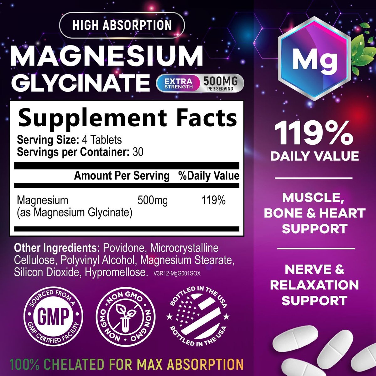 Magnesium Glycinat Kapseln - 500 mg Magnesium pro Portion - 100% cheliert & gereinigt - Unterstützt Schlaf, Herzgesundheit & Muskelkraft - Beste Aufnahme, abgefüllt in USA - 120 Tabletten