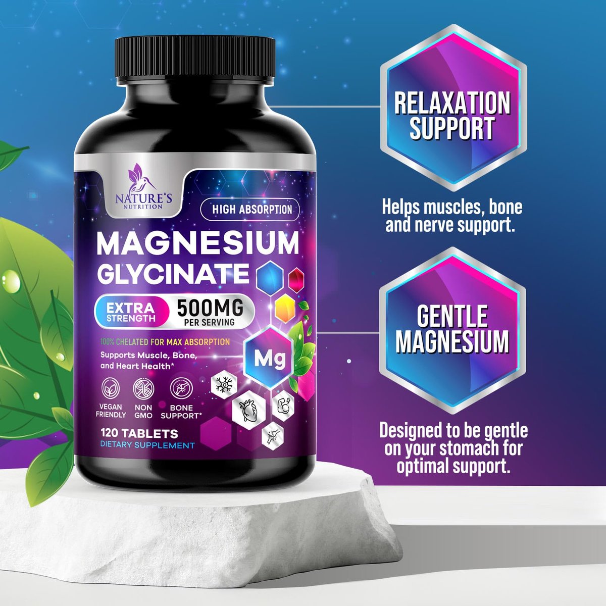Magnesium Glycinat Kapseln - 500 mg Magnesium pro Portion - 100% cheliert & gereinigt - Unterstützt Schlaf, Herzgesundheit & Muskelkraft - Beste Aufnahme, abgefüllt in USA - 120 Tabletten