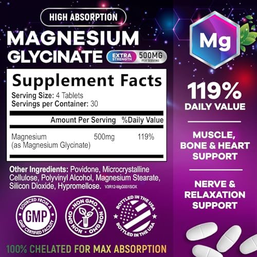 Magnesium Glycinat Kapseln - 500 mg Magnesium pro Portion - 100% cheliert & gereinigt - Unterstützt Schlaf, Herzgesundheit & Muskelkraft - Beste Aufnahme, abgefüllt in USA - 120 Tabletten