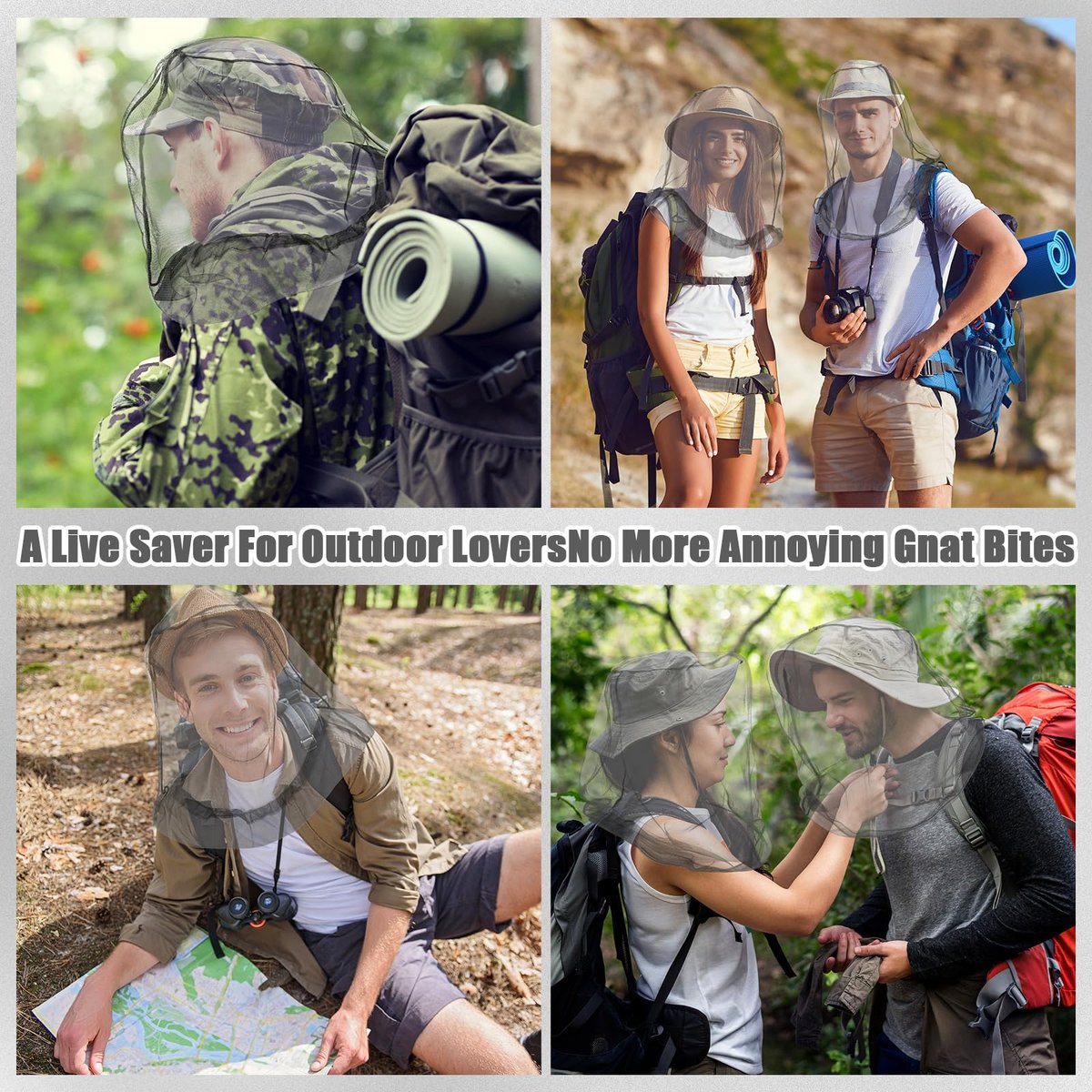 HESTYA 4er-Pack Moskitonetz Gesichtsnetz – Schutznetz für Outdoor-Aktivitäten wie Wandern, Camping, Klettern – Mückenschutz, Fliegenschutz (Grau)