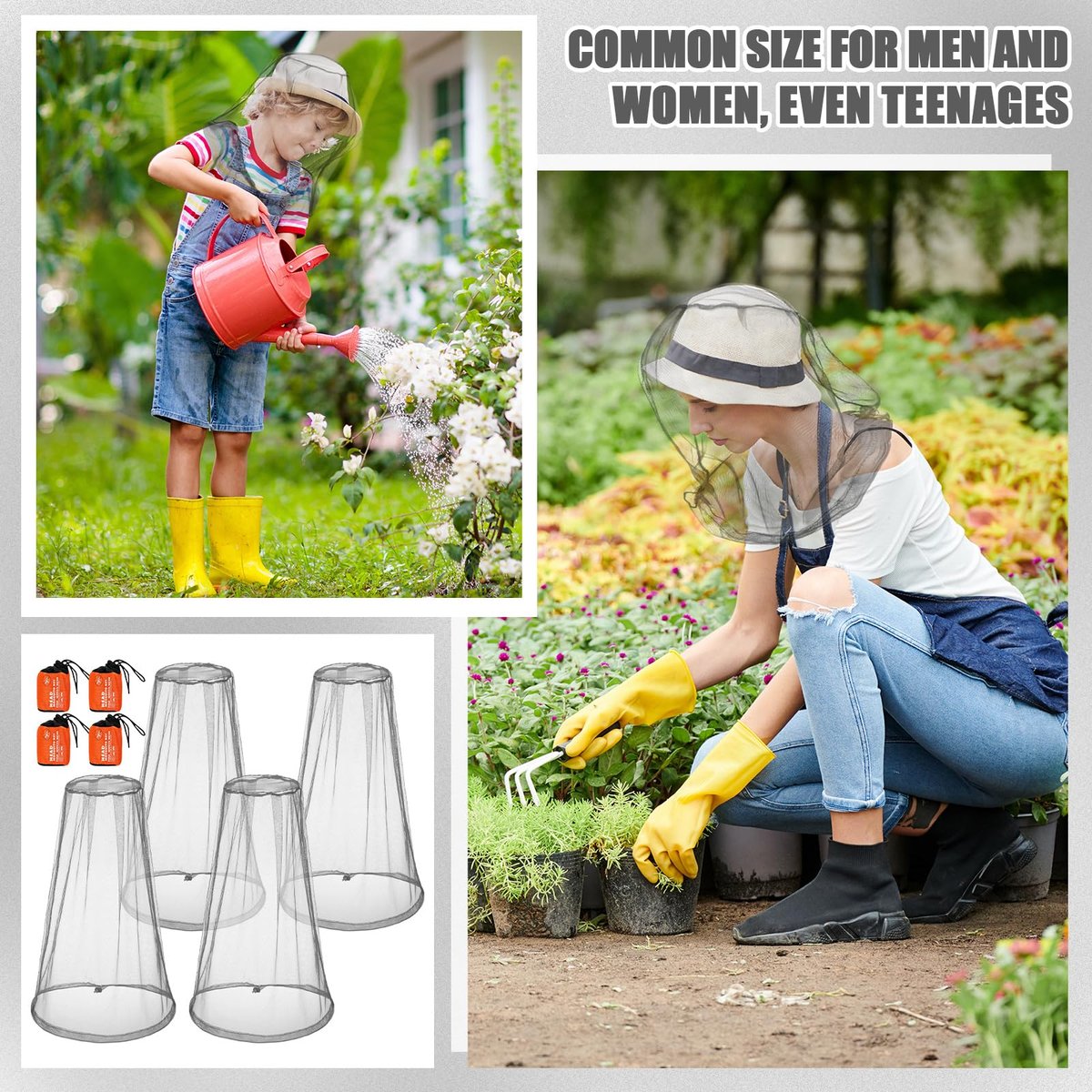 HESTYA 4er-Pack Moskitonetz Gesichtsnetz – Schutznetz für Outdoor-Aktivitäten wie Wandern, Camping, Klettern – Mückenschutz, Fliegenschutz (Grau)