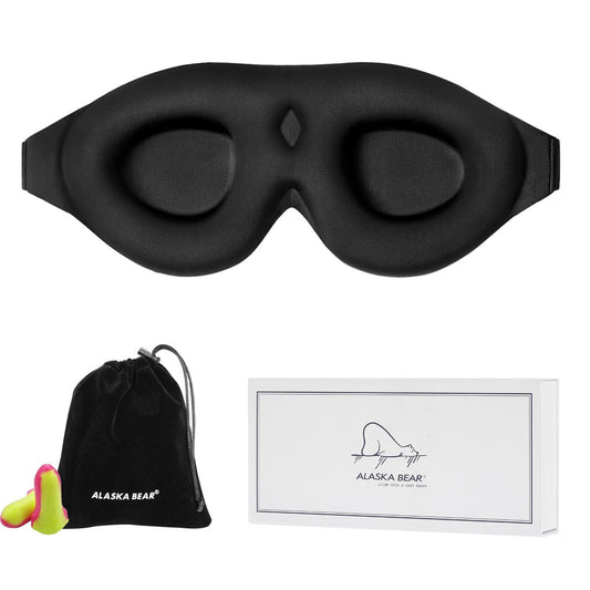 ALASKA BEAR Schlafmaske Memory Foam Konturierte Augenmuscheln für Damen und Herren, Weiche 3D Blackout Schlafmaske ohne Druck auf Augenlider und Wimpernschutz, Ohrstöpsel Set, Schwarz