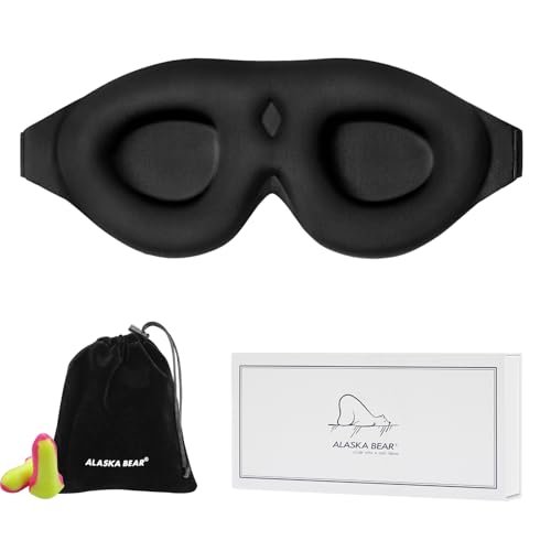 ALASKA BEAR Schlafmaske Memory Foam Konturierte Augenmuscheln für Damen und Herren, Weiche 3D Blackout Schlafmaske ohne Druck auf Augenlider und Wimpernschutz, Ohrstöpsel Set, Schwarz