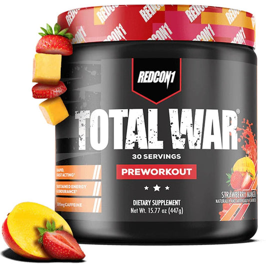 REDCON1 Total War Pre Workout, Strawberry Mango - 30 Portionen - L-Citrullin, Apfelsäure, Grüntee-Extrakt für Pump-Boost - 3,2 g Beta-Alanin zur Reduzierung von Erschöpfung für Frauen & Männer