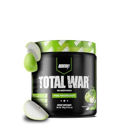 REDCON1 Total War Pre Workout, Grüner Apfel – Schnell wirkendes koffeinhaltiges Preworkout für Männer + Frauen mit Beta-Alanin – Enthält Citrullinmalat für erhöhten Pump, Durchblutung (30 Portionen)