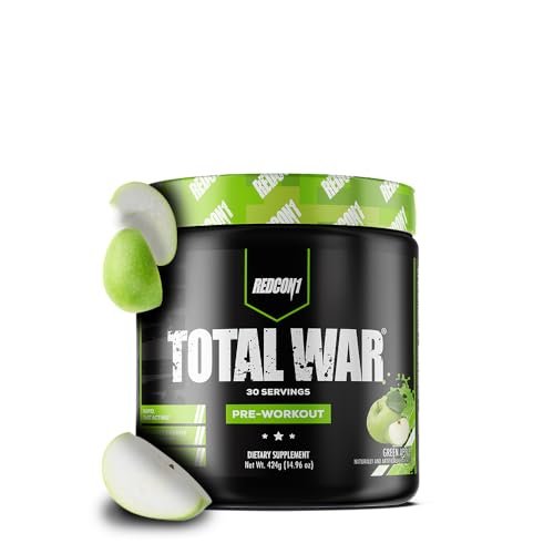 REDCON1 Total War Pre Workout, Grüner Apfel – Schnell wirkendes koffeinhaltiges Preworkout für Männer + Frauen mit Beta-Alanin – Enthält Citrullinmalat für erhöhten Pump, Durchblutung (30 Portionen)
