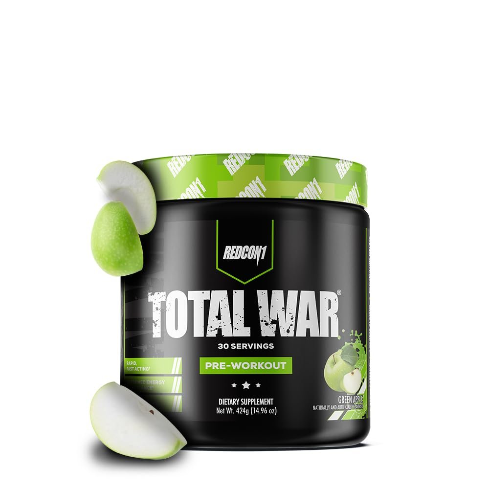 REDCON1 Total War Pre Workout, Grüner Apfel – Schnell wirkendes koffeinhaltiges Preworkout für Männer + Frauen mit Beta-Alanin – Enthält Citrullinmalat für erhöhten Pump, Durchblutung (30 Portionen)