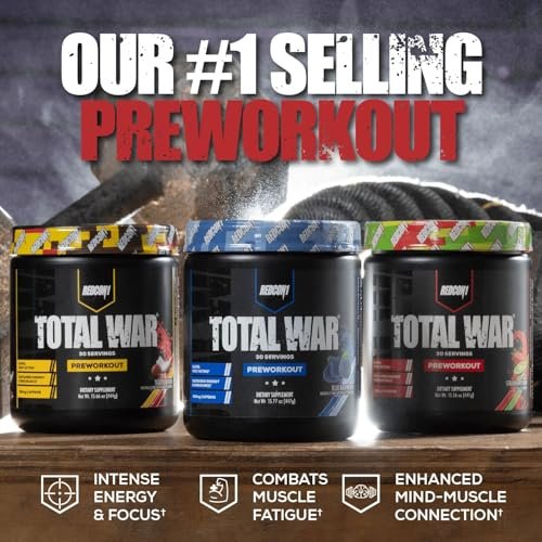 REDCON1 Total War Pre Workout, Grüner Apfel – Schnell wirkendes koffeinhaltiges Preworkout für Männer + Frauen mit Beta-Alanin – Enthält Citrullinmalat für erhöhten Pump, Durchblutung (30 Portionen)