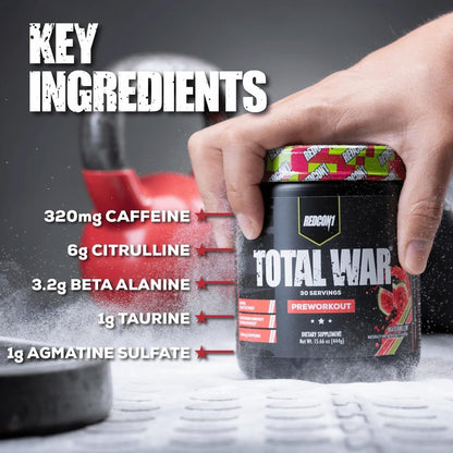 REDCON1 Total War Pre Workout, Grüner Apfel – Schnell wirkendes koffeinhaltiges Preworkout für Männer + Frauen mit Beta-Alanin – Enthält Citrullinmalat für erhöhten Pump, Durchblutung (30 Portionen)