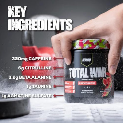 REDCON1 Total War Pre Workout, Grüner Apfel – Schnell wirkendes koffeinhaltiges Preworkout für Männer + Frauen mit Beta-Alanin – Enthält Citrullinmalat für erhöhten Pump, Durchblutung (30 Portionen)