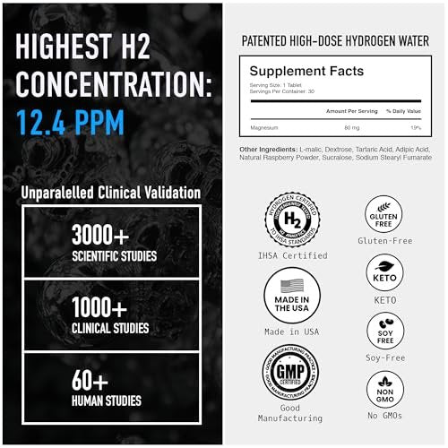 DRINK HRW Rejuvenation Molecular Hydrogen Wasserstoff Tabletten: 12 ppm H2, patentiert, hergestellt in den USA, IHSA-zertifiziertes Wasserstoff- und Magnesiumpräparat. Unterstützt Energie, Erholung, kognitive Funktion (Himbeere, 30 Stück)