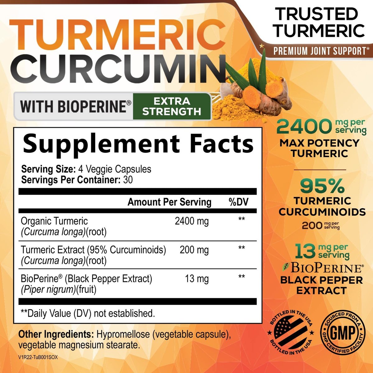 Turmeric Curcumin Supplement - 2400 mg Bio-Perine & 95% Curcuminoide - Natürliche Gelenkunterstützung, Vegan, 120 Kapseln