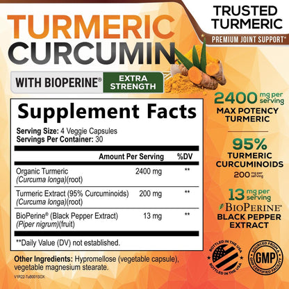 Turmeric Curcumin Supplement - 2400 mg Bio-Perine & 95% Curcuminoide - Natürliche Gelenkunterstützung, Vegan, 120 Kapseln