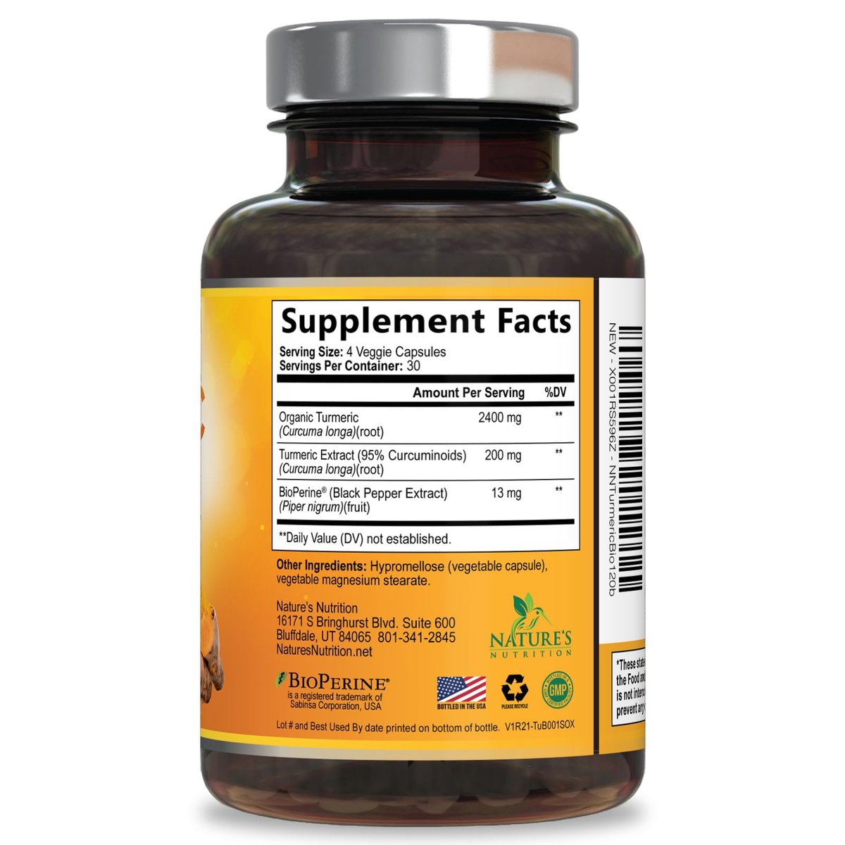 Turmeric Curcumin Supplement - 2400 mg Bio-Perine & 95% Curcuminoide - Natürliche Gelenkunterstützung, Vegan, 120 Kapseln