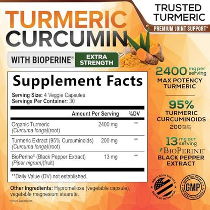 Turmeric Curcumin Supplement - 2400 mg Bio-Perine & 95% Curcuminoide - Natürliche Gelenkunterstützung, Vegan, 120 Kapseln