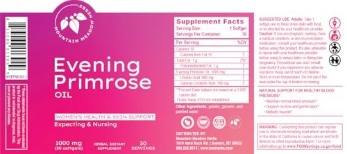 Mountain Meadow Herbs Nachtkerzenöl 1.000 mg – Omega-6-Fettsäuren für die Frauengesundheit, unterstützt reine Haut & hormonelles Gleichgewicht, glutenfrei, leicht einzunehmende Softgels (30 Stück)