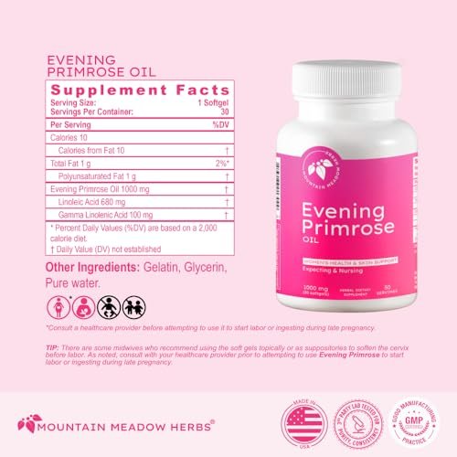 Mountain Meadow Herbs Nachtkerzenöl 1.000 mg – Omega-6-Fettsäuren für die Frauengesundheit, unterstützt reine Haut & hormonelles Gleichgewicht, glutenfrei, leicht einzunehmende Softgels (30 Stück)
