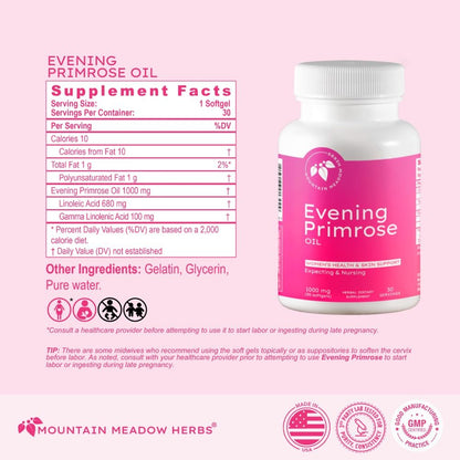 Mountain Meadow Herbs Nachtkerzenöl 1.000 mg – Omega-6-Fettsäuren für die Frauengesundheit, unterstützt reine Haut & hormonelles Gleichgewicht, glutenfrei, leicht einzunehmende Softgels (30 Stück)