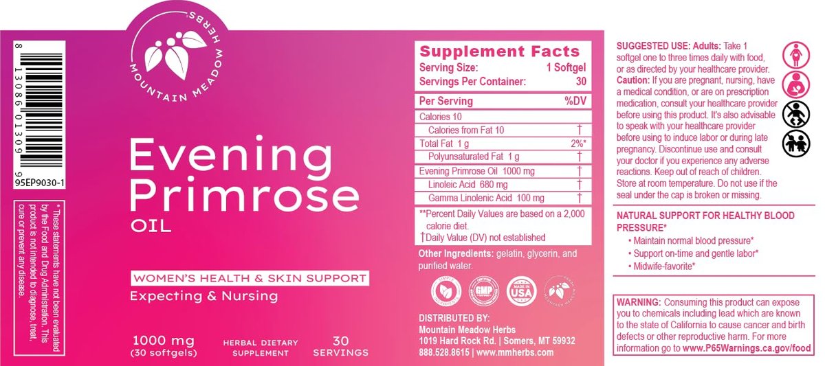 Mountain Meadow Herbs Nachtkerzenöl 1.000 mg – Omega-6-Fettsäuren für die Frauengesundheit, unterstützt reine Haut & hormonelles Gleichgewicht, glutenfrei, leicht einzunehmende Softgels (30 Stück)