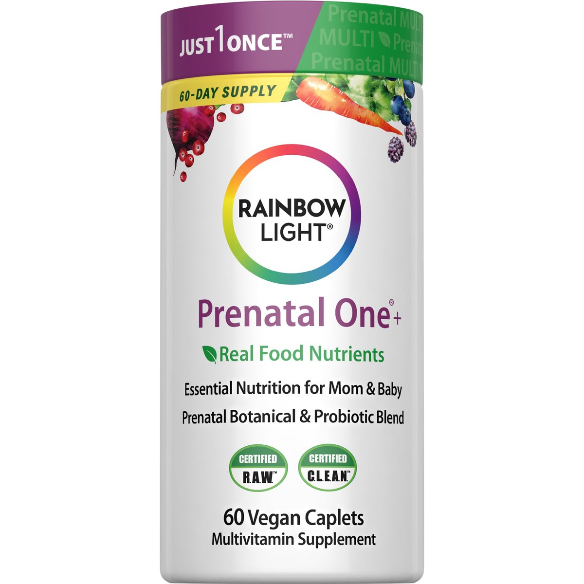 Rainbow Light Prenatal Multivitamin One + für Frauen | 60 Kapseln | Essentielle Nährstoffe für Mama & Baby | Echte Lebensmittel-Nährstoffe | Pflanzliche & Probiotische Mischung