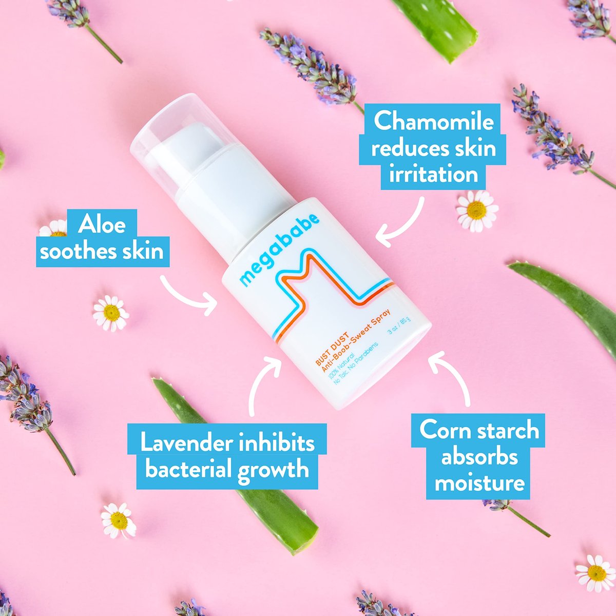 Megababe Bust Dust – Schweißabsorbierendes Körperpuder mit Applikatorpumpe, Talkumfrei, Natürlich, 85 g