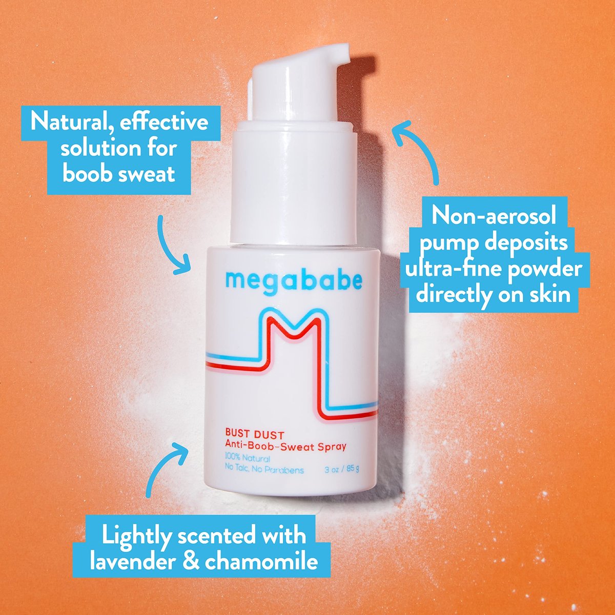 Megababe Bust Dust – Schweißabsorbierendes Körperpuder mit Applikatorpumpe, Talkumfrei, Natürlich, 85 g
