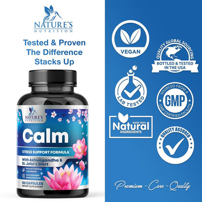 Stress-Unterstützung Supplement - Extra starkes Ashwagandha, GABA, Magnesium, L-Theanin für Entspannung - Unterstützt Stimmung & Fokus - Natürlich ruhig, entspannen & loslassen - Lindert Anspannung & Nervosität - 120 Kapseln