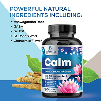 Stress-Unterstützung Supplement - Extra starkes Ashwagandha, GABA, Magnesium, L-Theanin für Entspannung - Unterstützt Stimmung & Fokus - Natürlich ruhig, entspannen & loslassen - Lindert Anspannung & Nervosität - 120 Kapseln