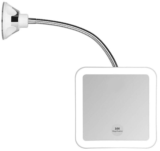 JiBen Quadratischer Flexibler Schwanenhals LED-beleuchteter 10-fach Vergrößerungsspiegel, Saugnapf mit Power-Lock, Helles diffuses Licht, 360-Grad-Schwenk, Kabellos für Reise und Zuhause