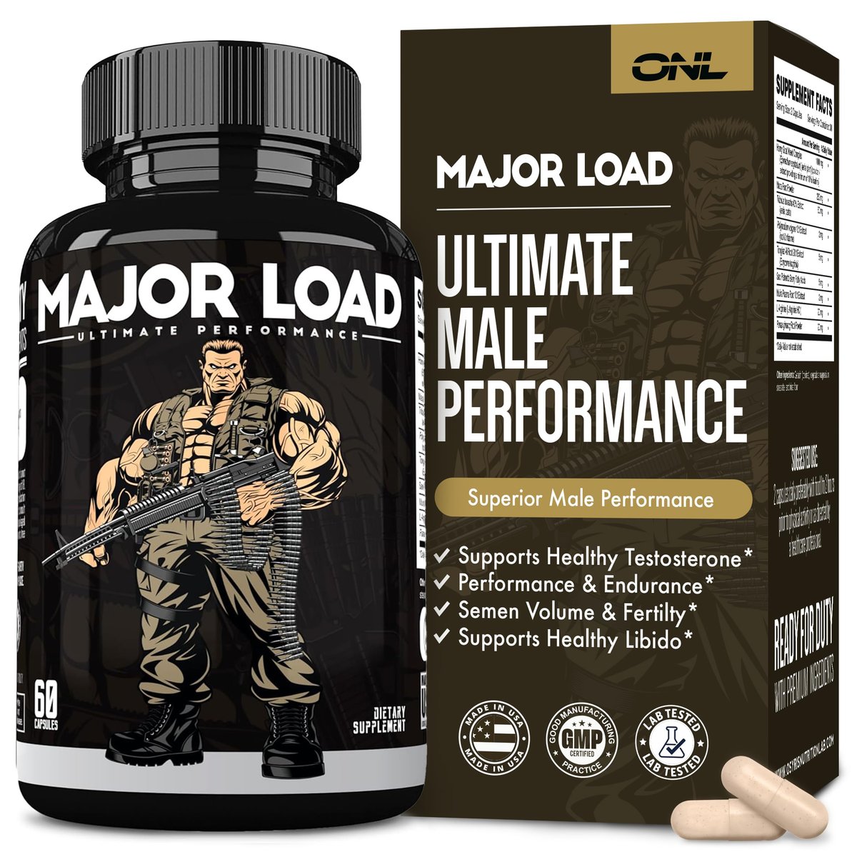 ONL Major Load Testosteron-Booster für Männer – Samenvolumen-Booster – Libido-Booster mit Horny Goat Weed, Maca Root, Tongkat Ali – Energie, Ausdauer & Kraft – 60 Kapseln, Nicht-GVO, Hergestellt in den USA