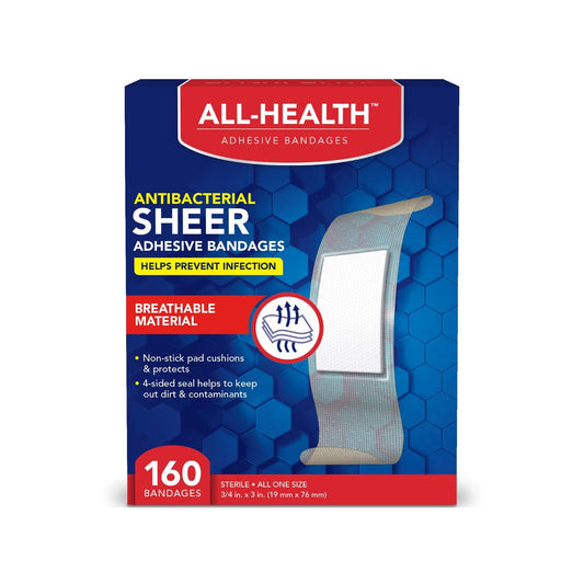 All Health Antibakterielle Pflaster, transparent, 3/4 Zoll x 3 Zoll, 160 Stück | Hilft Infektionen vorzubeugen, extra große komfortable Schutz für Erste Hilfe und Wundversorgung