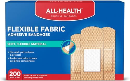 All Health Adhesive Fabric Bandagen, 200 Stück in verschiedenen Größen | Weiches, flexibles Material | Schutz für Erste Hilfe und Wundversorgung
