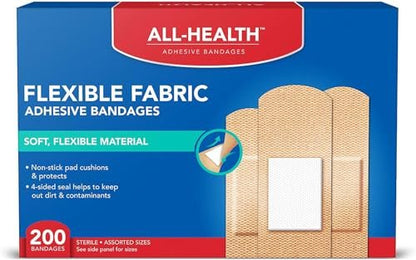 All Health Adhesive Fabric Bandagen, 200 Stück in verschiedenen Größen | Weiches, flexibles Material | Schutz für Erste Hilfe und Wundversorgung