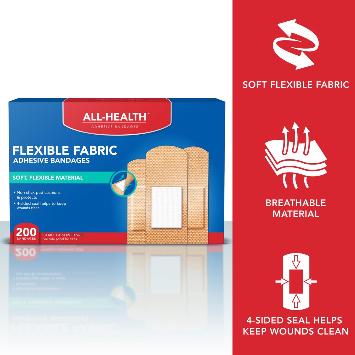 All Health Adhesive Fabric Bandagen, 200 Stück in verschiedenen Größen | Weiches, flexibles Material | Schutz für Erste Hilfe und Wundversorgung