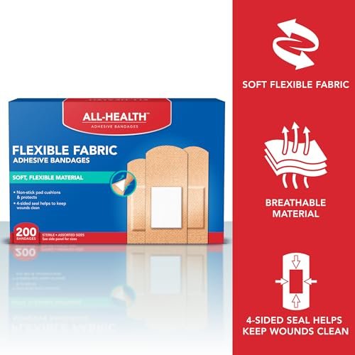 All Health Adhesive Fabric Bandagen, 200 Stück in verschiedenen Größen | Weiches, flexibles Material | Schutz für Erste Hilfe und Wundversorgung