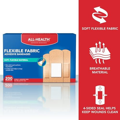 All Health Adhesive Fabric Bandagen, 200 Stück in verschiedenen Größen | Weiches, flexibles Material | Schutz für Erste Hilfe und Wundversorgung
