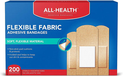 All Health Adhesive Fabric Bandagen, 200 Stück in verschiedenen Größen | Weiches, flexibles Material | Schutz für Erste Hilfe und Wundversorgung