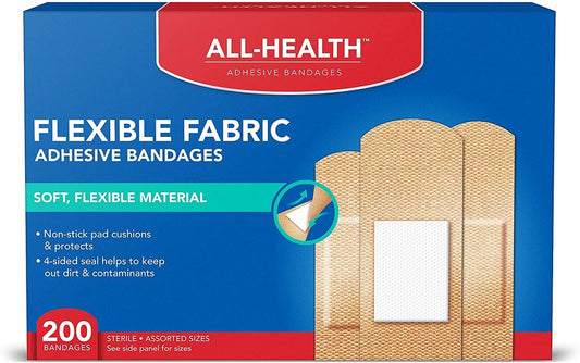 All Health Adhesive Fabric Bandagen, 200 Stück in verschiedenen Größen | Weiches, flexibles Material | Schutz für Erste Hilfe und Wundversorgung