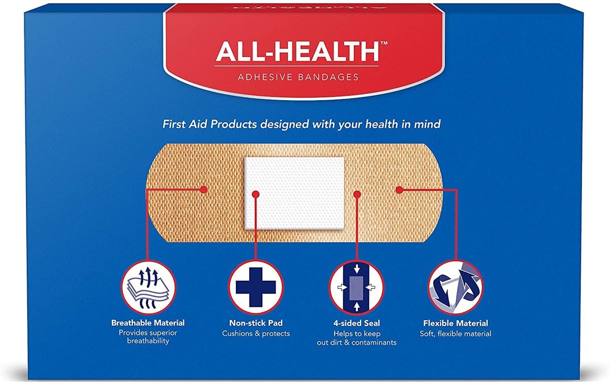 All Health Adhesive Fabric Bandagen, 200 Stück in verschiedenen Größen | Weiches, flexibles Material | Schutz für Erste Hilfe und Wundversorgung