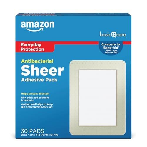 Amazon Basic Care Sheer Adhesive Pad Bandagen für kleine Schnitte, Schrammen und Wunden, extra groß 3 x 4 Zoll, nicht haftendes Pad, 30 Stück