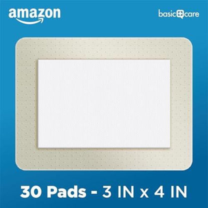 Amazon Basic Care Sheer Adhesive Pad Bandagen für kleine Schnitte, Schrammen und Wunden, extra groß 3 x 4 Zoll, nicht haftendes Pad, 30 Stück