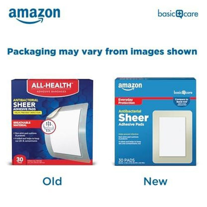 Amazon Basic Care Sheer Adhesive Pad Bandagen für kleine Schnitte, Schrammen und Wunden, extra groß 3 x 4 Zoll, nicht haftendes Pad, 30 Stück