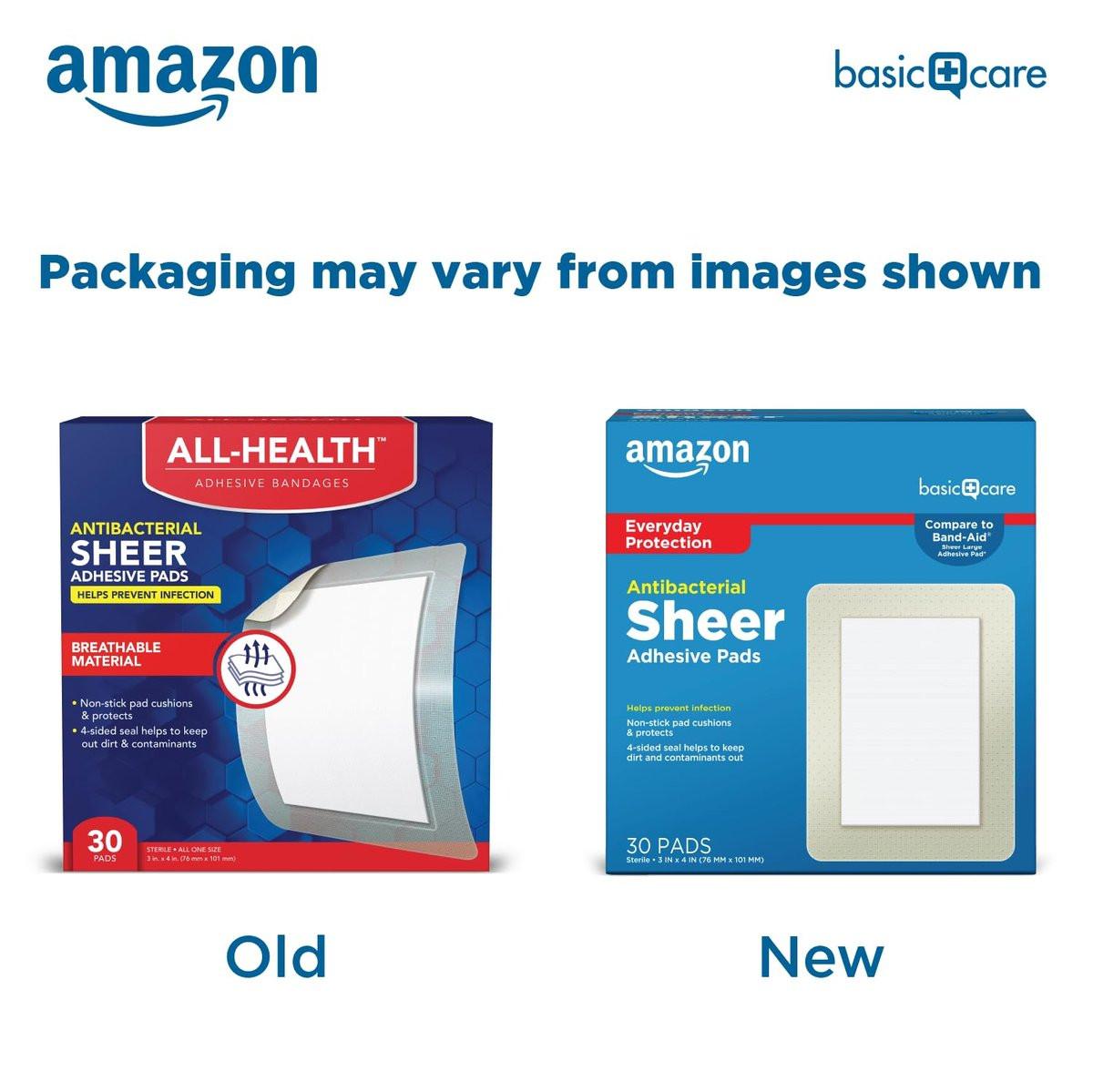 Amazon Basic Care Sheer Adhesive Pad Bandagen für kleine Schnitte, Schrammen und Wunden, extra groß 3 x 4 Zoll, nicht haftendes Pad, 30 Stück