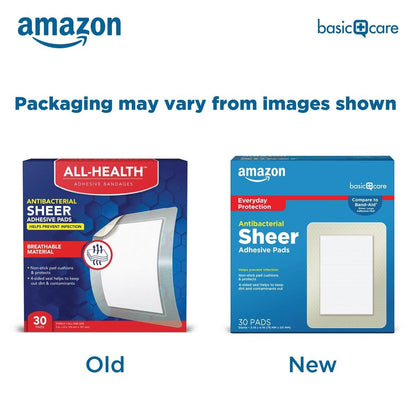Amazon Basic Care Sheer Adhesive Pad Bandagen für kleine Schnitte, Schrammen und Wunden, extra groß 3 x 4 Zoll, nicht haftendes Pad, 30 Stück
