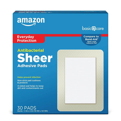 Amazon Basic Care Sheer Adhesive Pad Bandagen für kleine Schnitte, Schrammen und Wunden, extra groß 3 x 4 Zoll, nicht haftendes Pad, 30 Stück