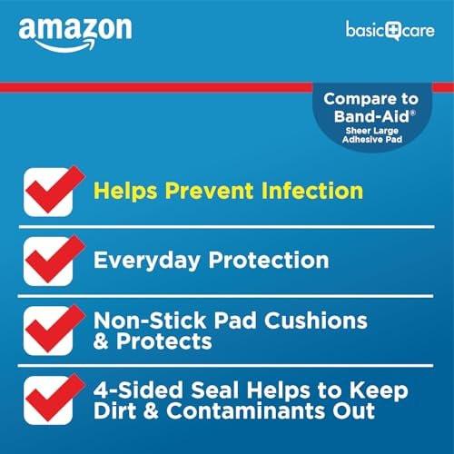 Amazon Basic Care Sheer Adhesive Pad Bandagen für kleine Schnitte, Schrammen und Wunden, extra groß 3 x 4 Zoll, nicht haftendes Pad, 30 Stück