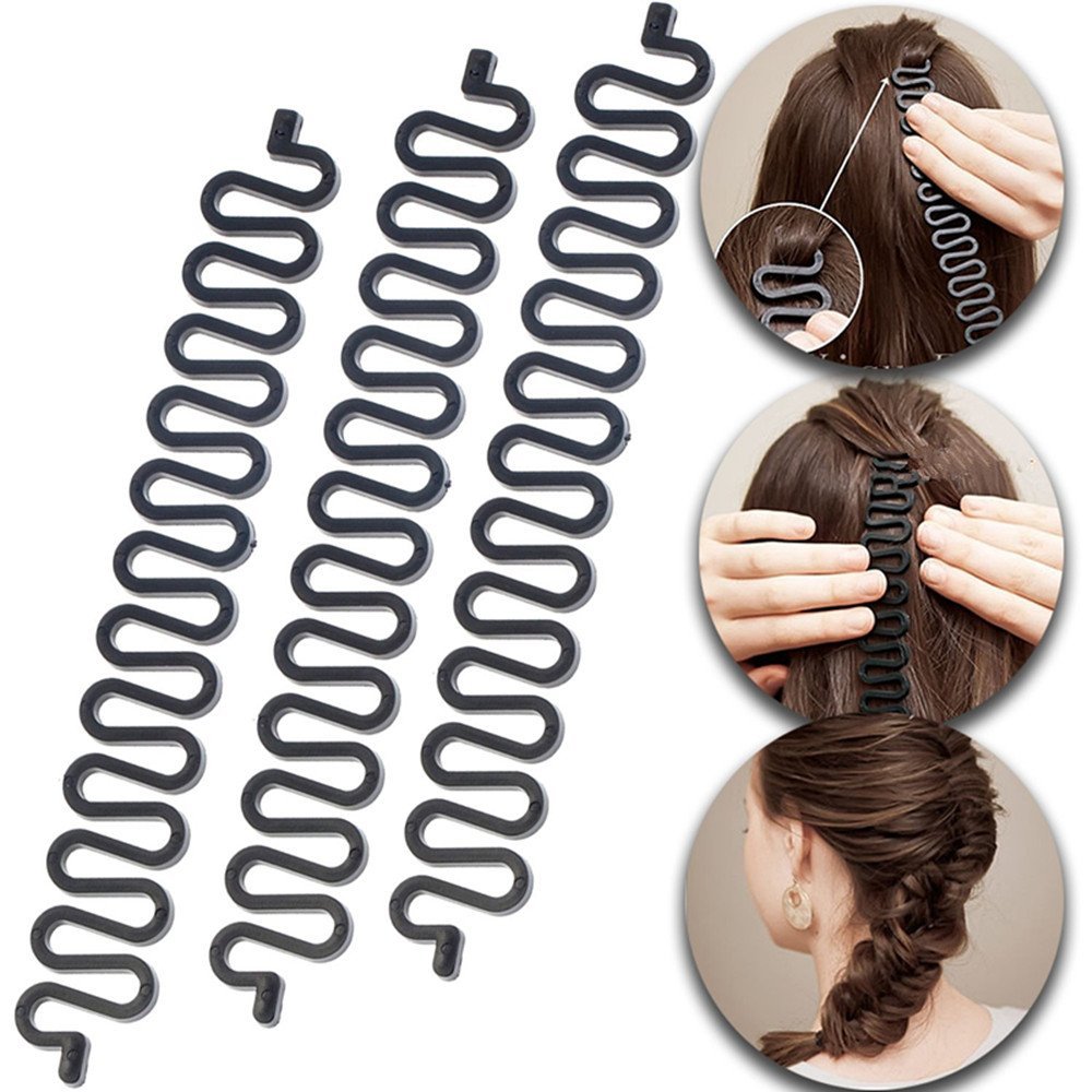 3-teiliges Haarstyling-Werkzeug: Lockenroller mit Haken, Zauber-Haartwister, DIY-Haarschleifen-Maker – Schwarz
