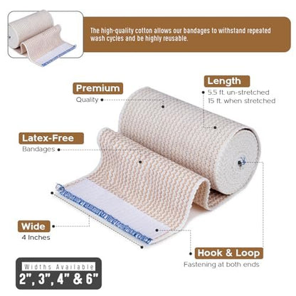 Nexskin Premium Elastische Bandage (10 cm breit, 4er-Pack) – Latexfreie Sport- und Kompressionsbandagen mit Klettverschluss an beiden Enden – Waschbar und wiederverwendbar