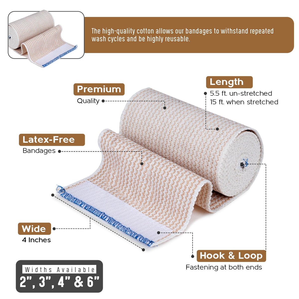 Nexskin Premium Elastische Bandage (10 cm breit, 4er-Pack) – Latexfreie Sport- und Kompressionsbandagen mit Klettverschluss an beiden Enden – Waschbar und wiederverwendbar